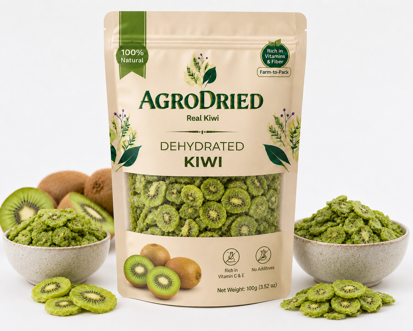 AgroDried Dehydrated Kiwi pouch, 100g, with fresh and dried kiwi in ceramic bowls