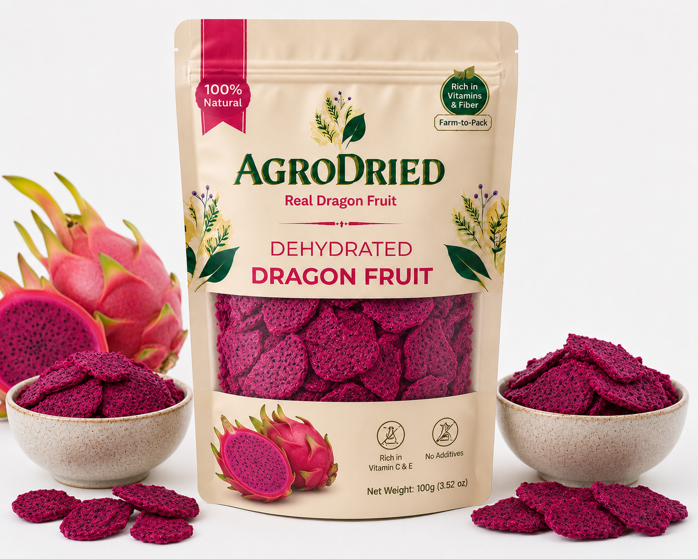 AgroDried Dehydrated Dragon Fruit pouch, 100g, with fresh and dried dragon fruit in ceramic bowls