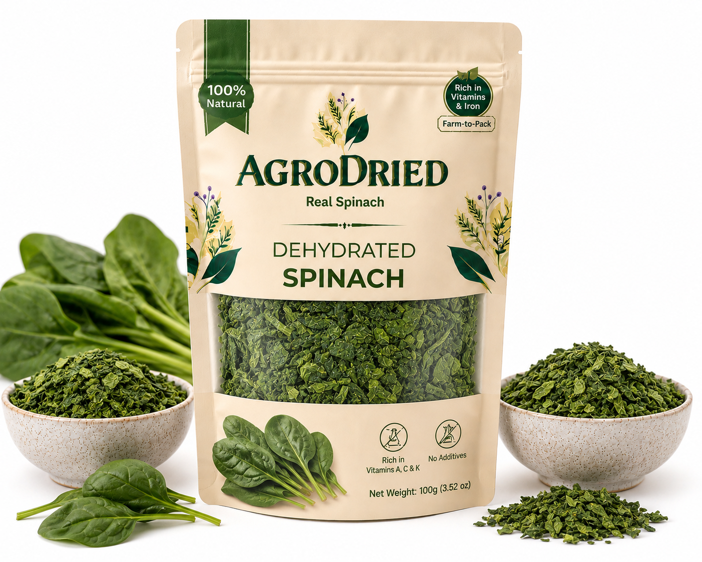AgroDried Dehydrated Spinach pouch, 100g, with fresh and dried spinach in ceramic bowls