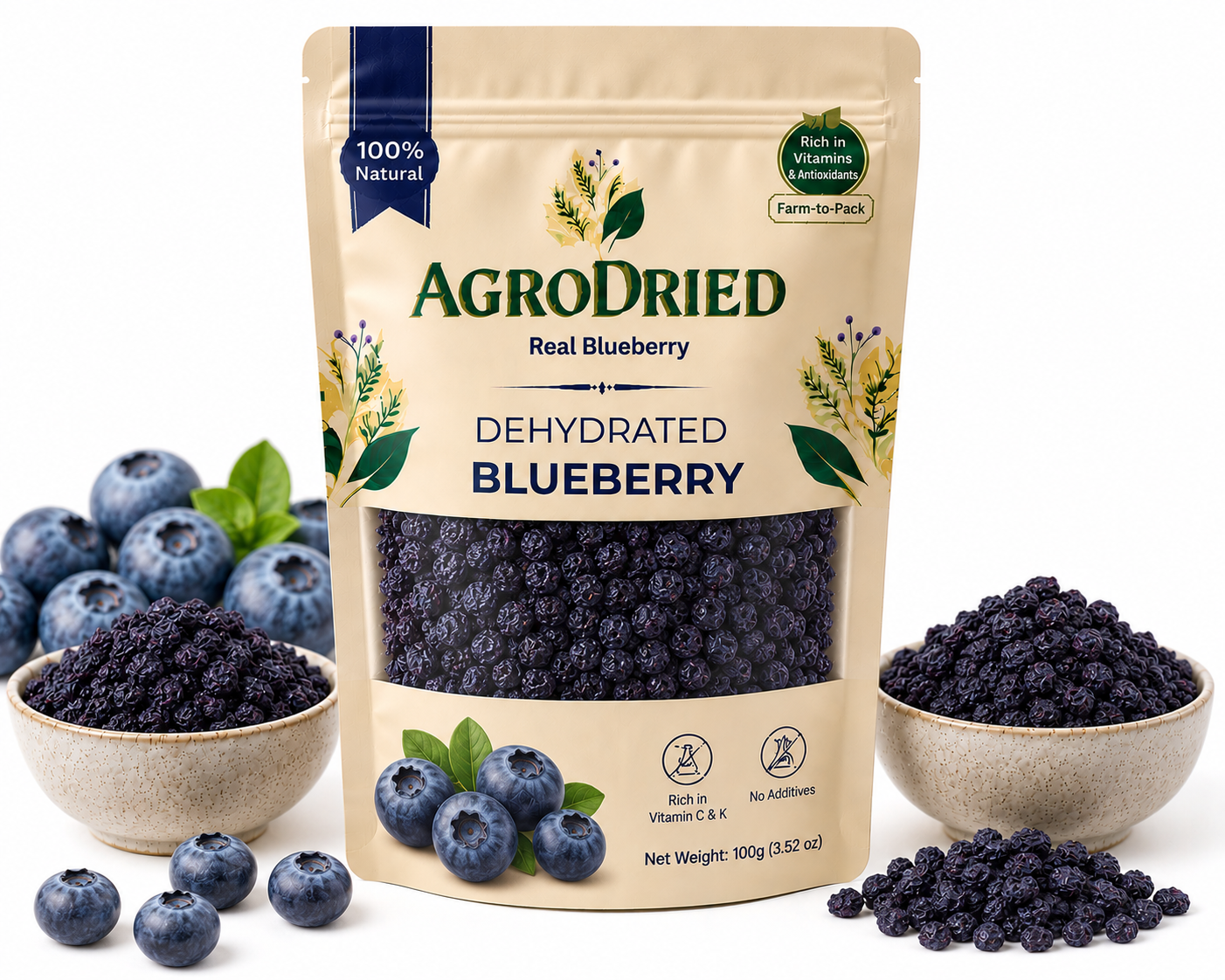 AgroDried Dehydrated Blueberry pouch, 100g, with fresh and dried blueberry in ceramic bowls