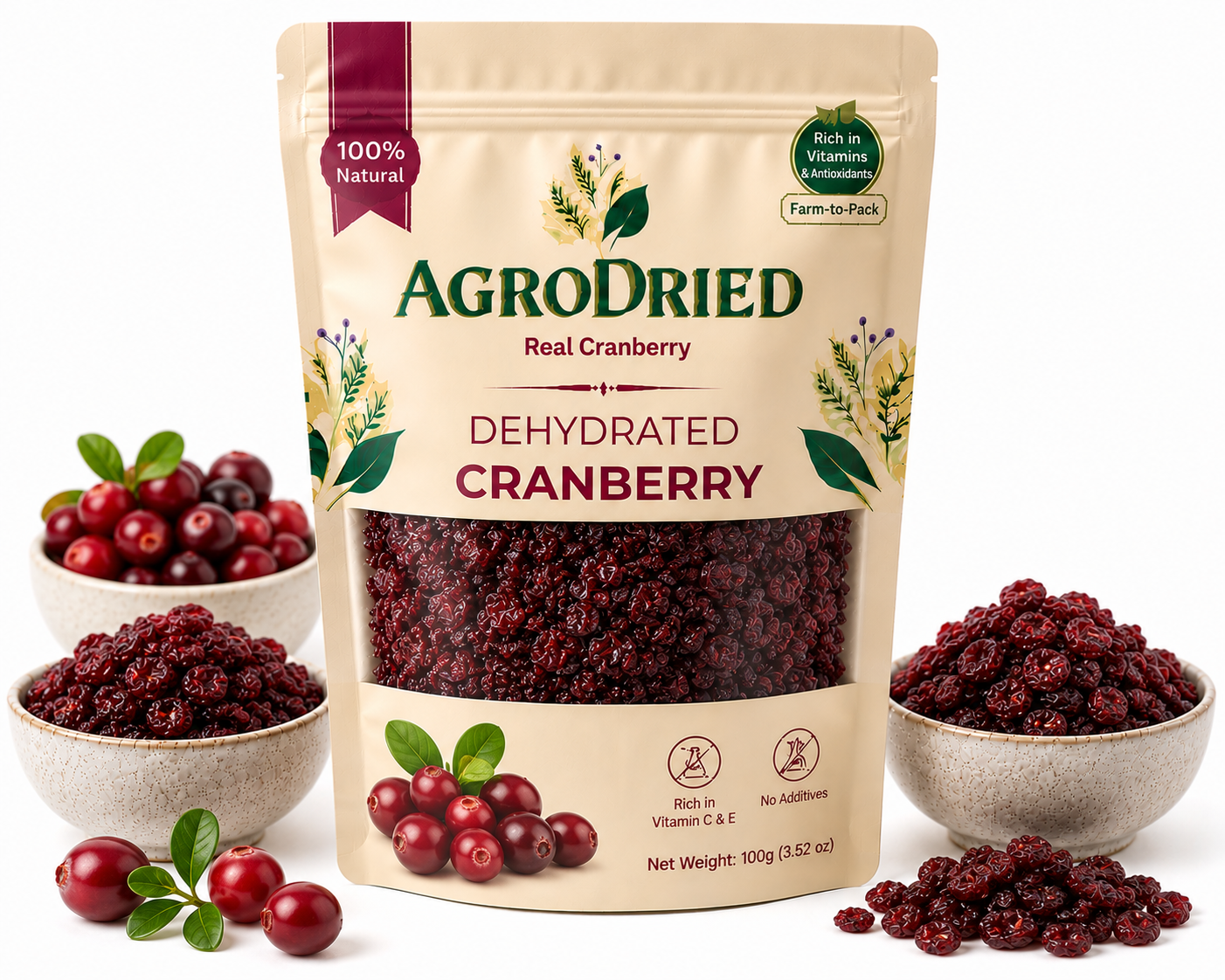 AgroDried Dehydrated Cranberry pouch, 100g, with fresh and dried cranberry in ceramic bowls