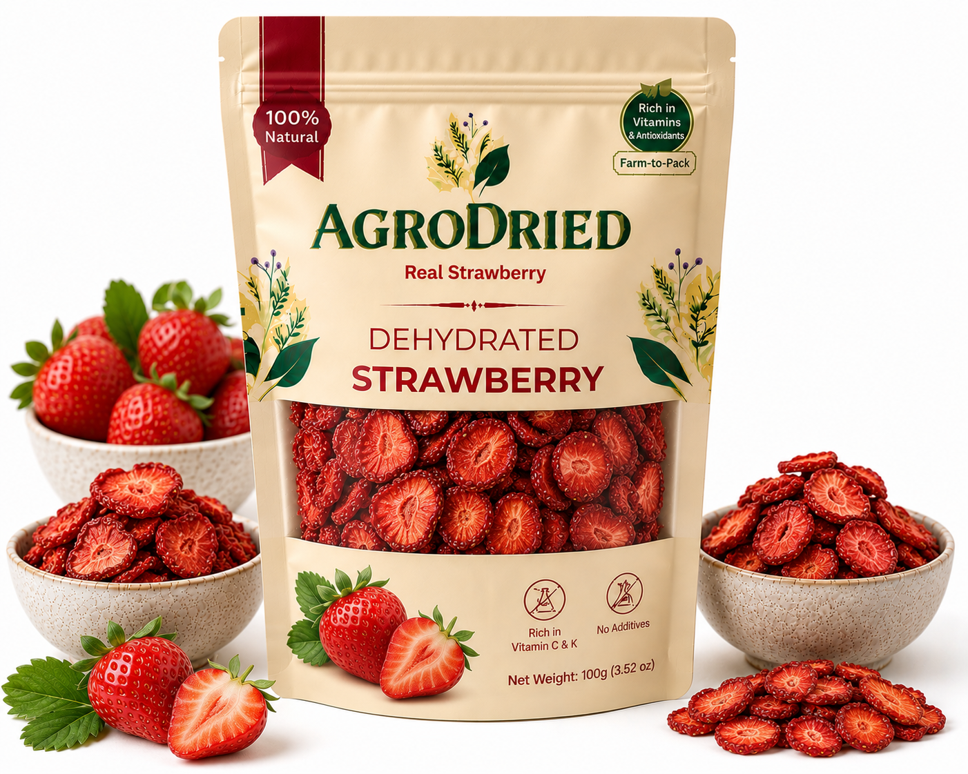 AgroDried Dehydrated Strawberry pouch, 100g, with fresh and dried strawberry in ceramic bowls