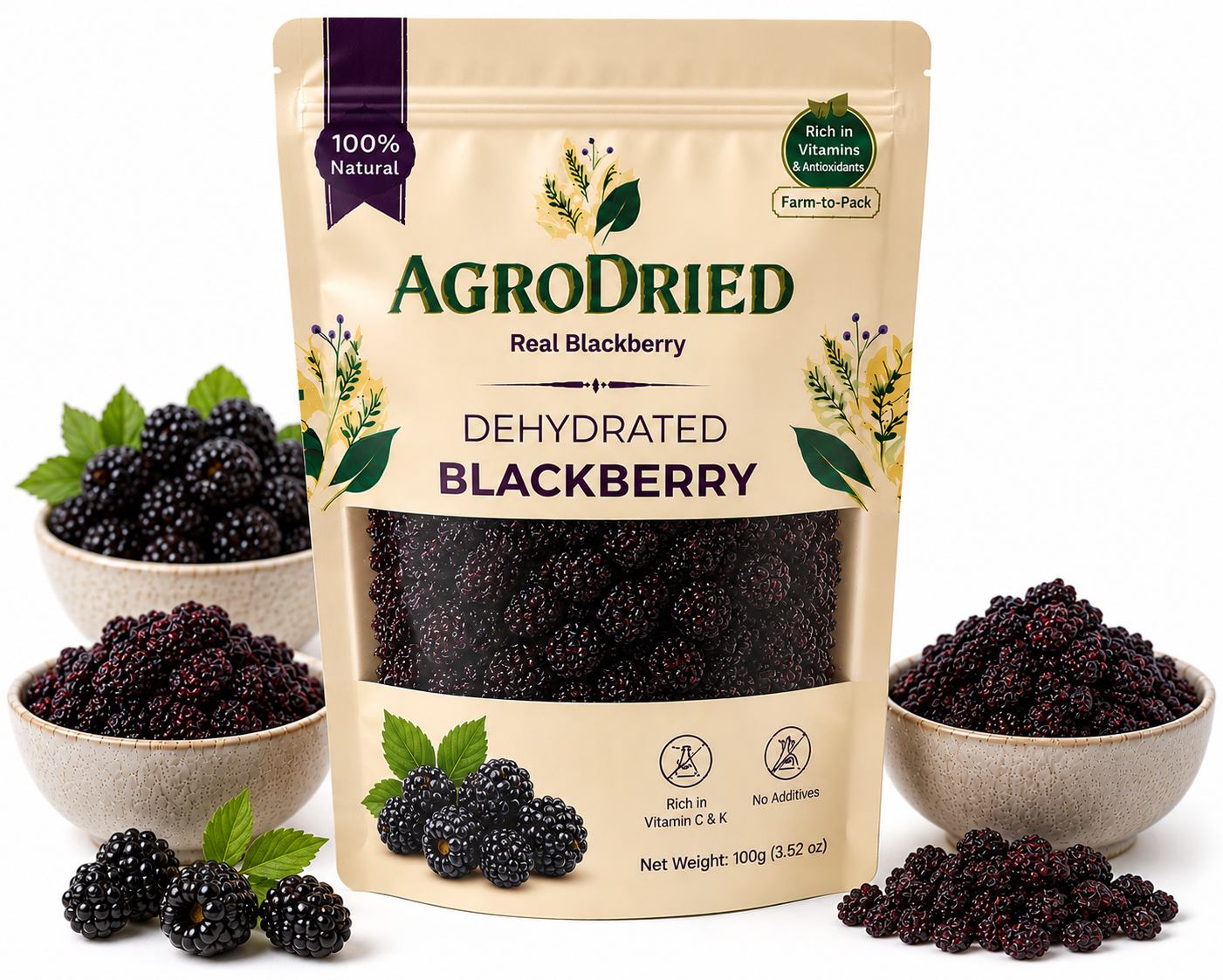 AgroDried Dehydrated Blueberry pouch, 100g, with fresh and dried blueberry in ceramic bowls