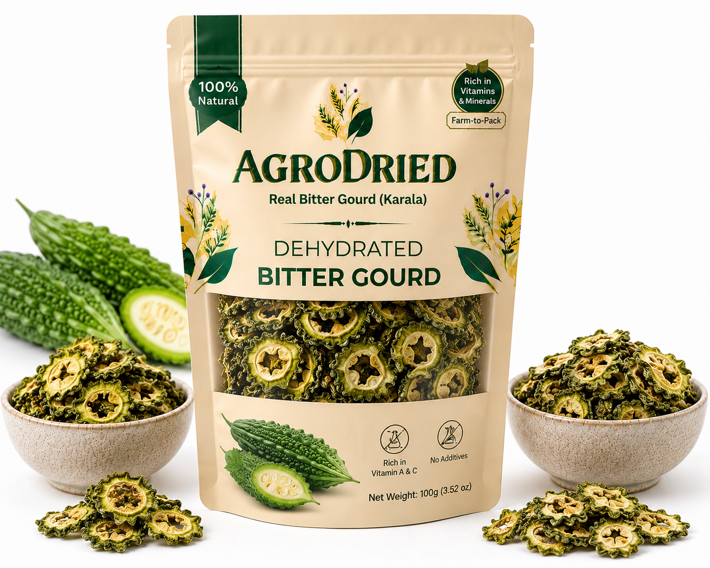 AgroDried Dehydrated Bottle Gourd pouch, 100g, with fresh and dried bottle gourd in ceramic bowls