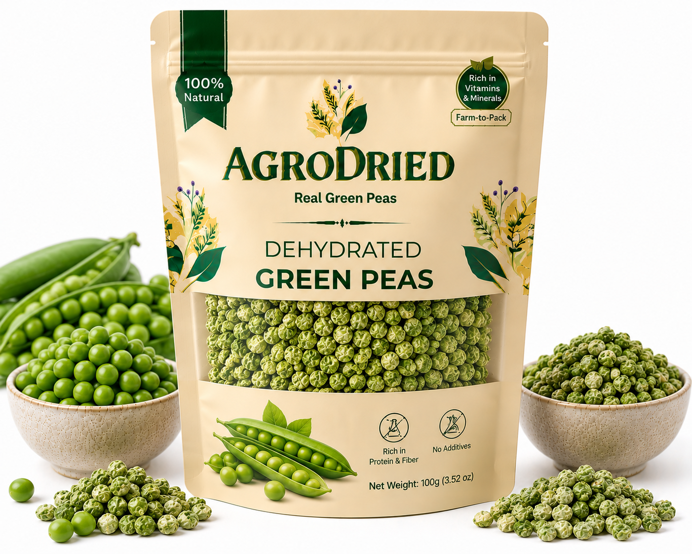 AgroDried Dehydrated Peas pouch, 100g, with fresh and dried peas in ceramic bowls
