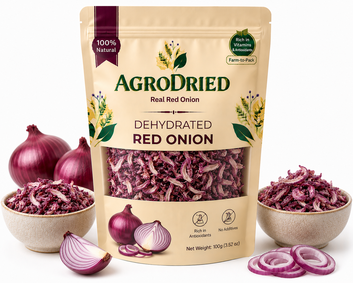 AgroDried Dehydrated Onion pouch, 100g, with fresh and dried onion in ceramic bowls