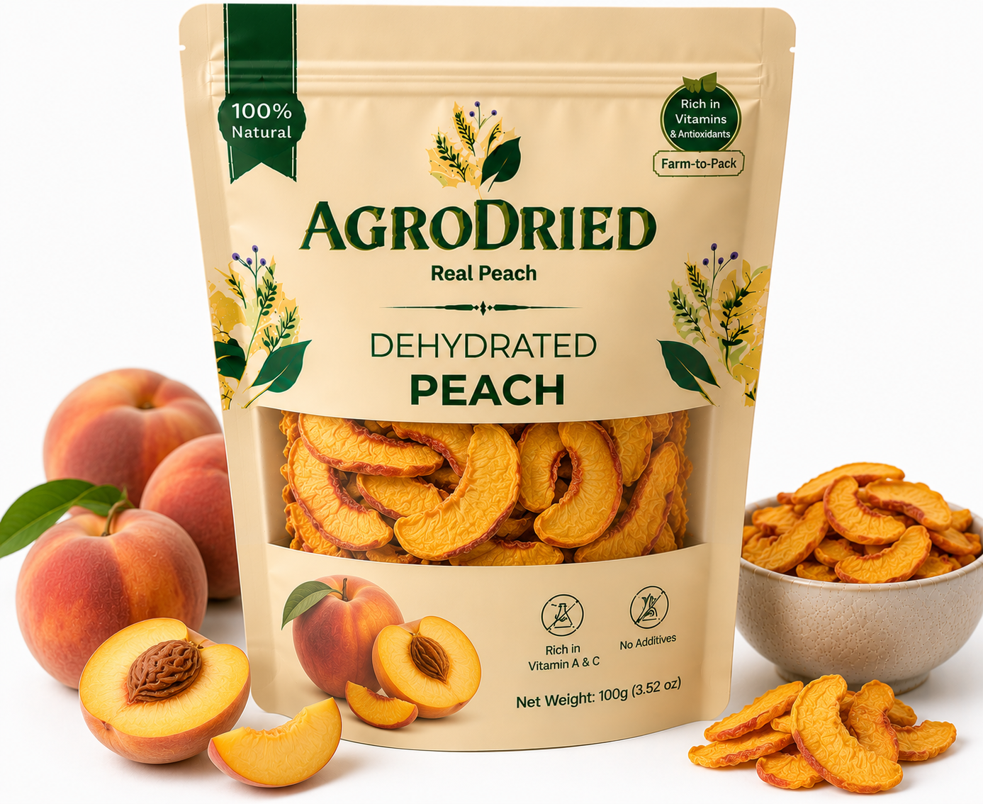 AgroDried Dehydrated Peach pouch, 100g, with fresh and dried peach in ceramic bowls
