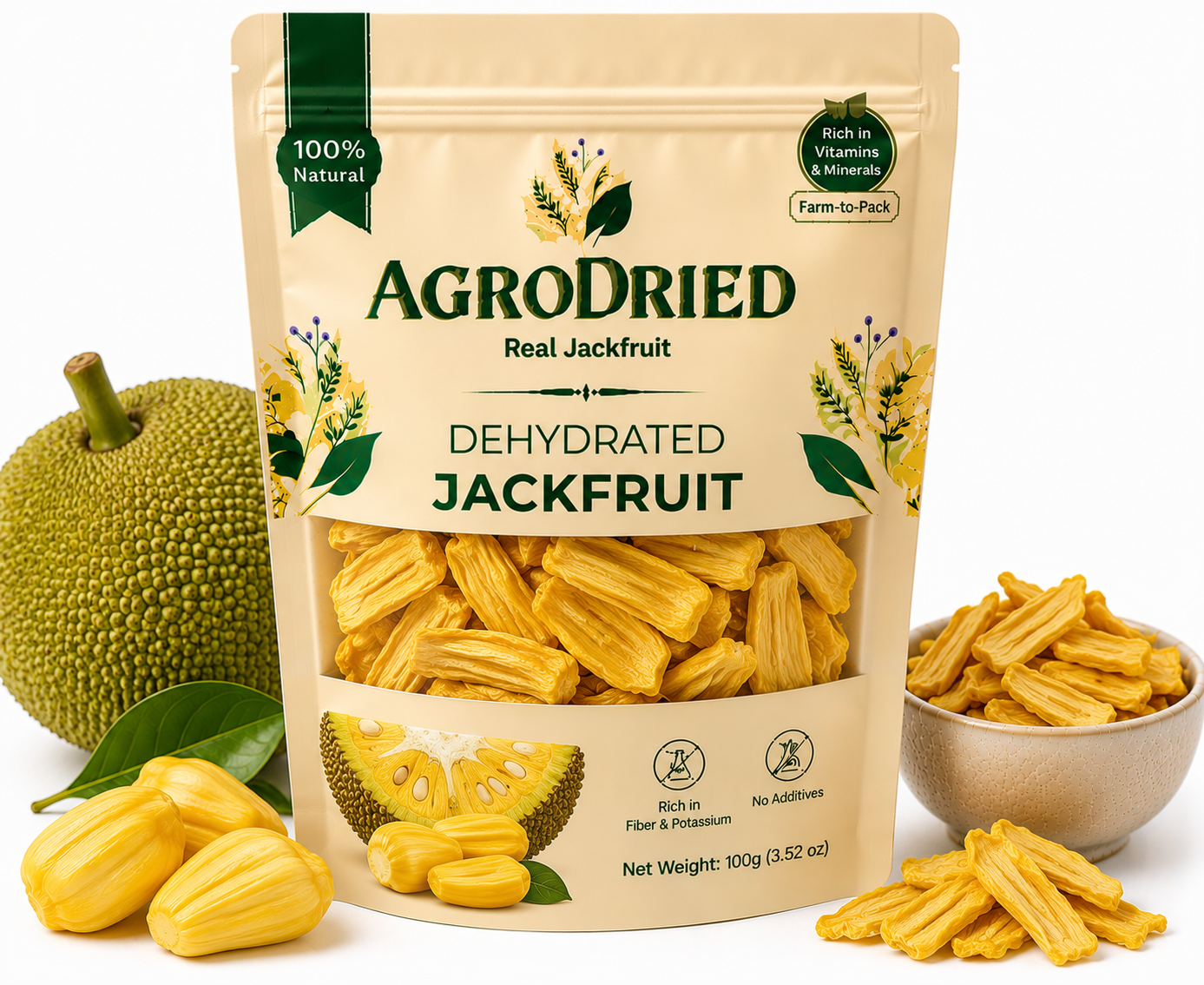 AgroDried Dehydrated Jackfruit pouch, 100g, with fresh and dried jackfruit in ceramic bowls