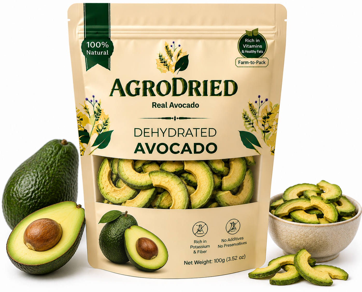 AgroDried Dehydrated Avocado pouch, 100g, with fresh and dried avocado in ceramic bowls