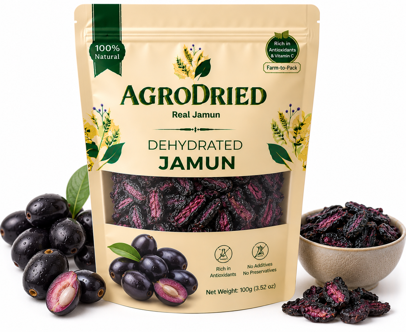 AgroDried Dehydrated Jamun (Java Plum) pouch, 100g, with fresh and dried jamun (java plum) in ceramic bowls