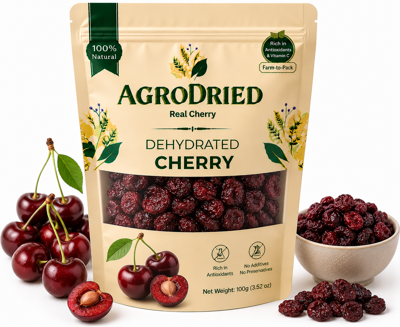 AgroDried Dehydrated Cranberry pouch, 100g, with fresh and dried cranberry in ceramic bowls