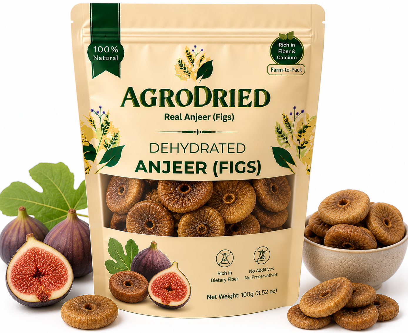 AgroDried Dehydrated Fig pouch, 100g, with fresh and dried fig in ceramic bowls
