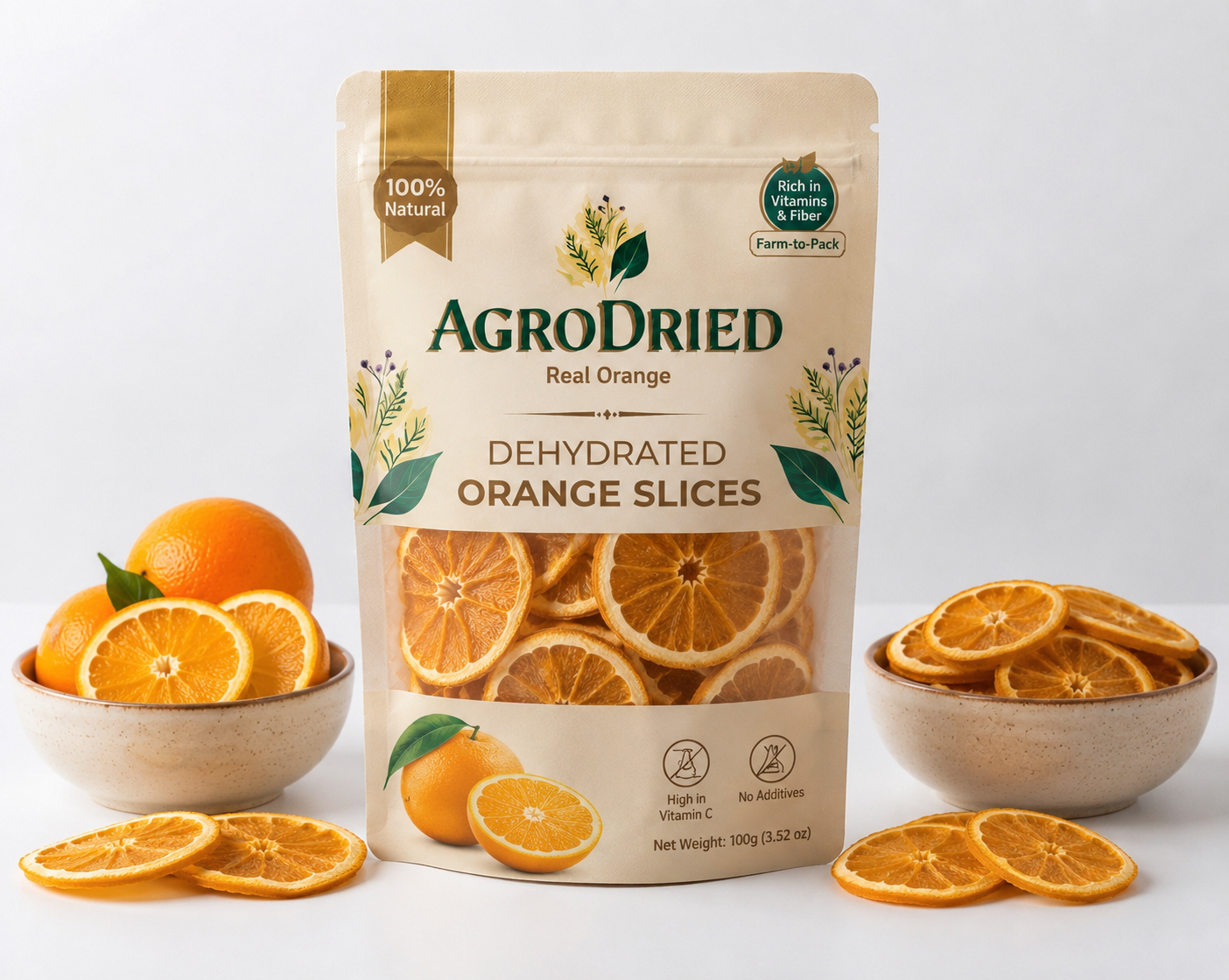 AgroDried Dehydrated Orange pouch, 100g, with fresh and dried orange in ceramic bowls