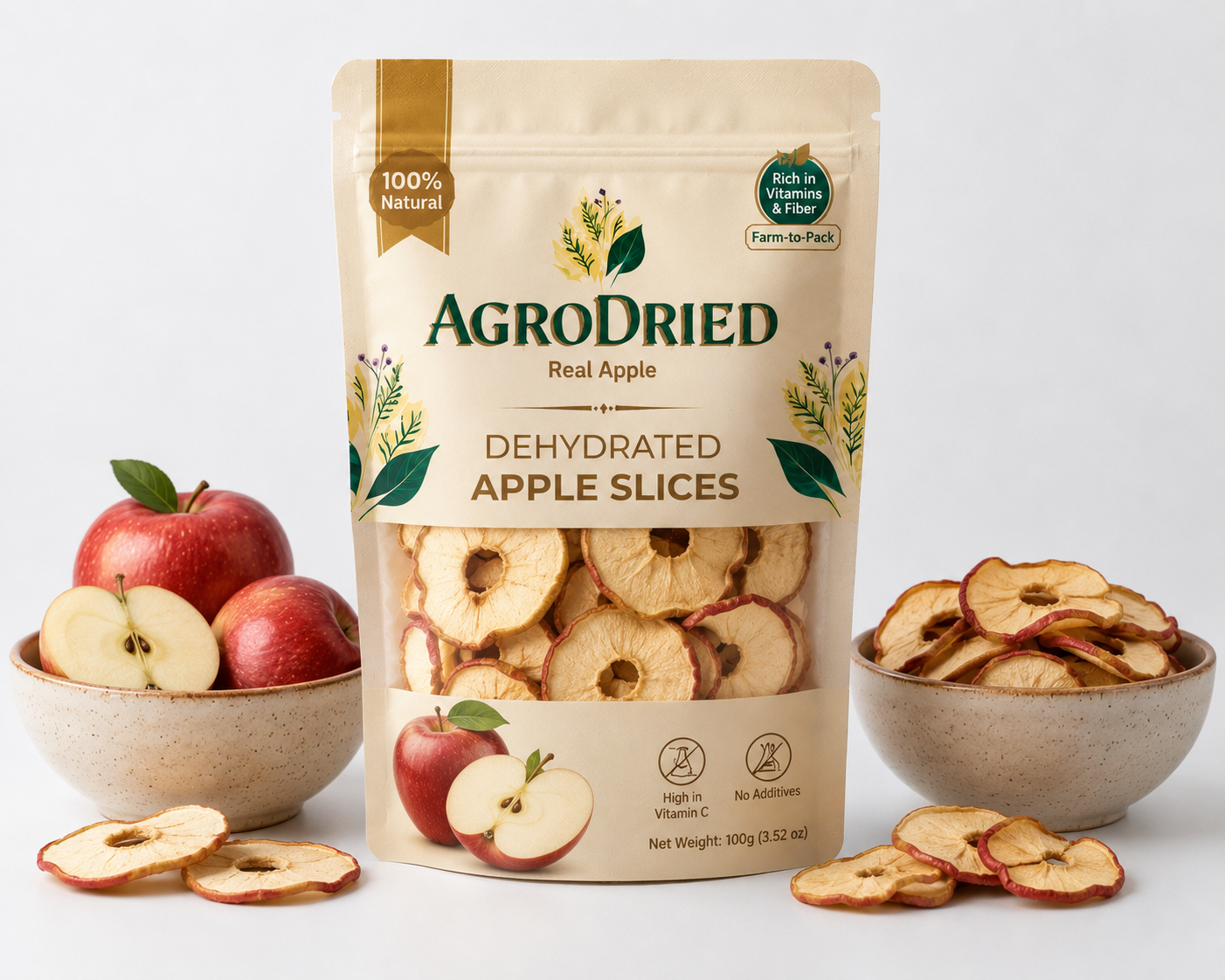 AgroDried Dehydrated Apple pouch, 100g, with fresh and dried apple in ceramic bowls