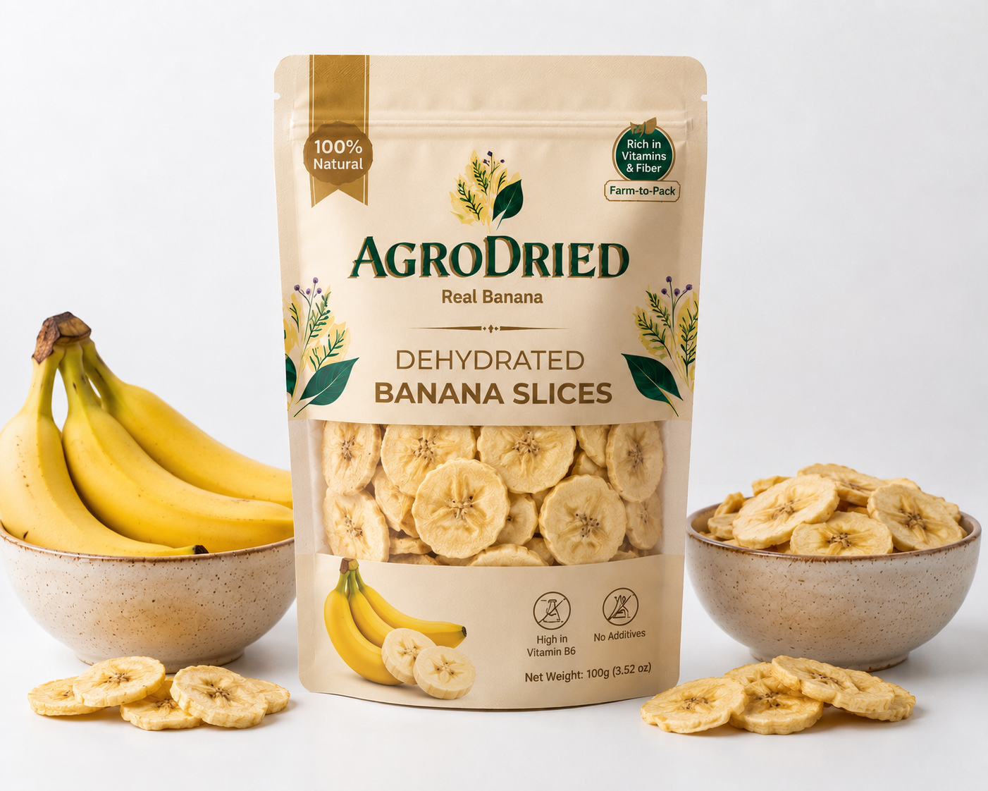AgroDried Dehydrated Banana pouch, 100g, with fresh and dried banana in ceramic bowls