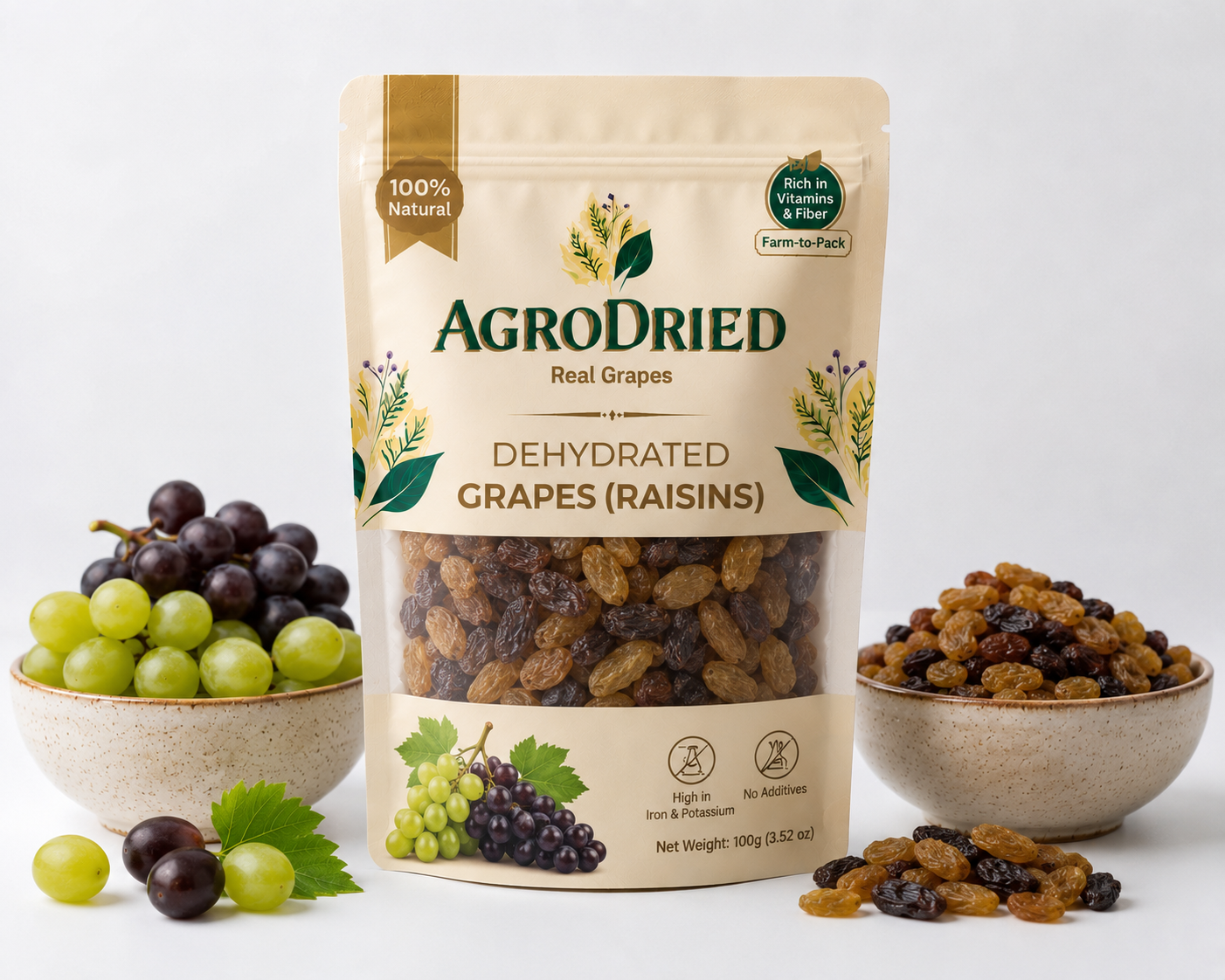 AgroDried Dehydrated Grapes (Raisins) pouch, 100g, with fresh and dried grapes (raisins) in ceramic bowls