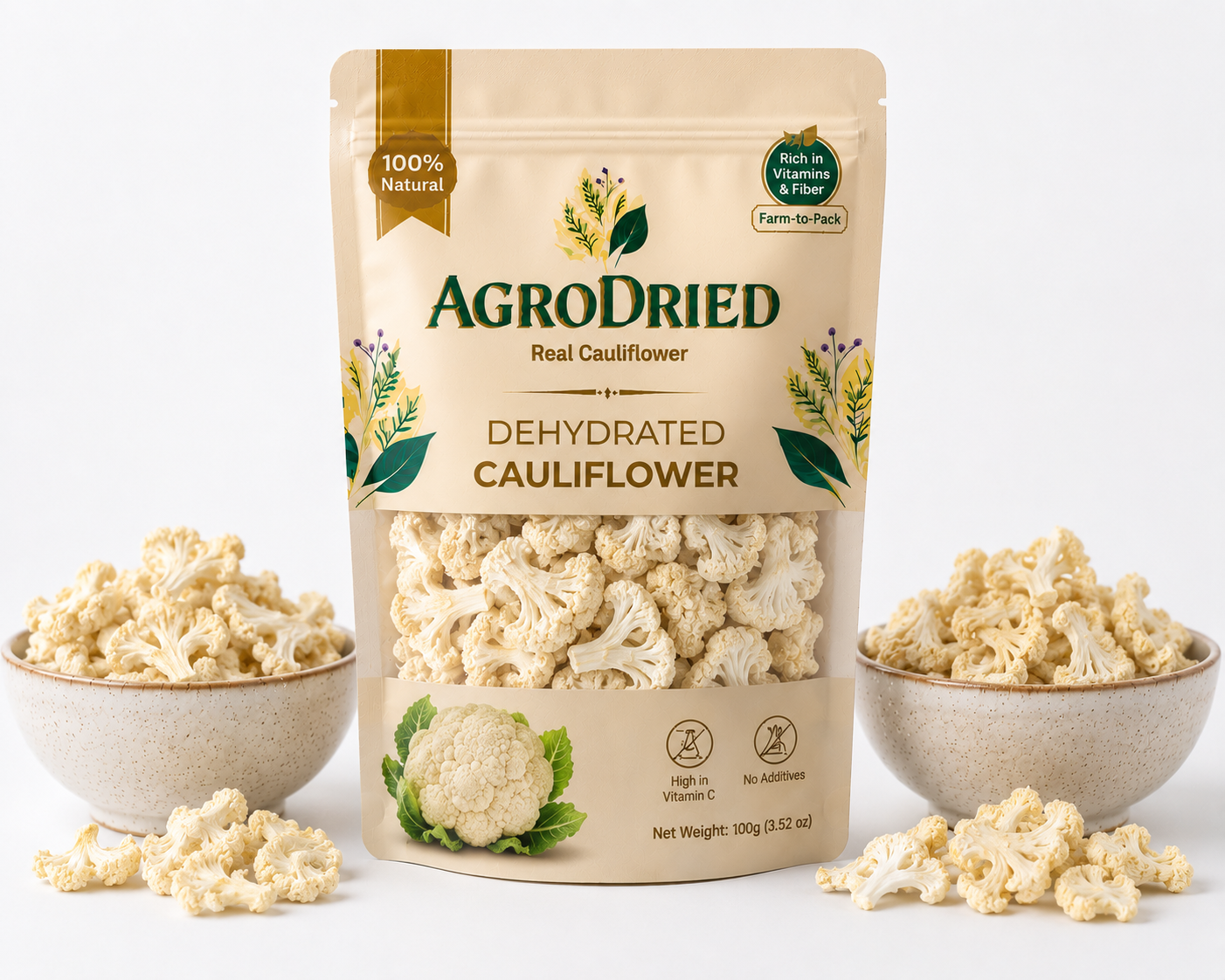 AgroDried Dehydrated Cauliflower pouch, 100g, with fresh and dried cauliflower in ceramic bowls