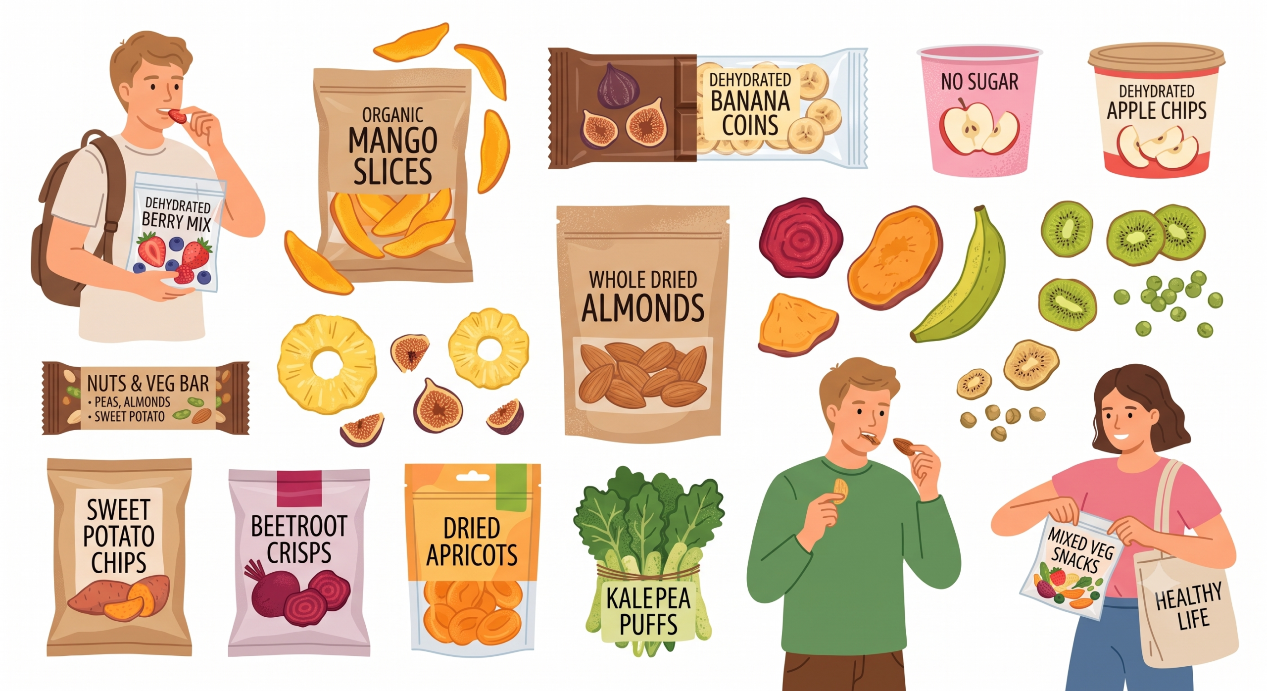 Healthy snacking illustration featuring premium dehydrated fruits and vegetables including mango slices, banana chips, apple chips, beetroot crisps, sweet potato chips, dried apricots, almonds, kale snacks, and mixed vegetable snacks by AgroDried.