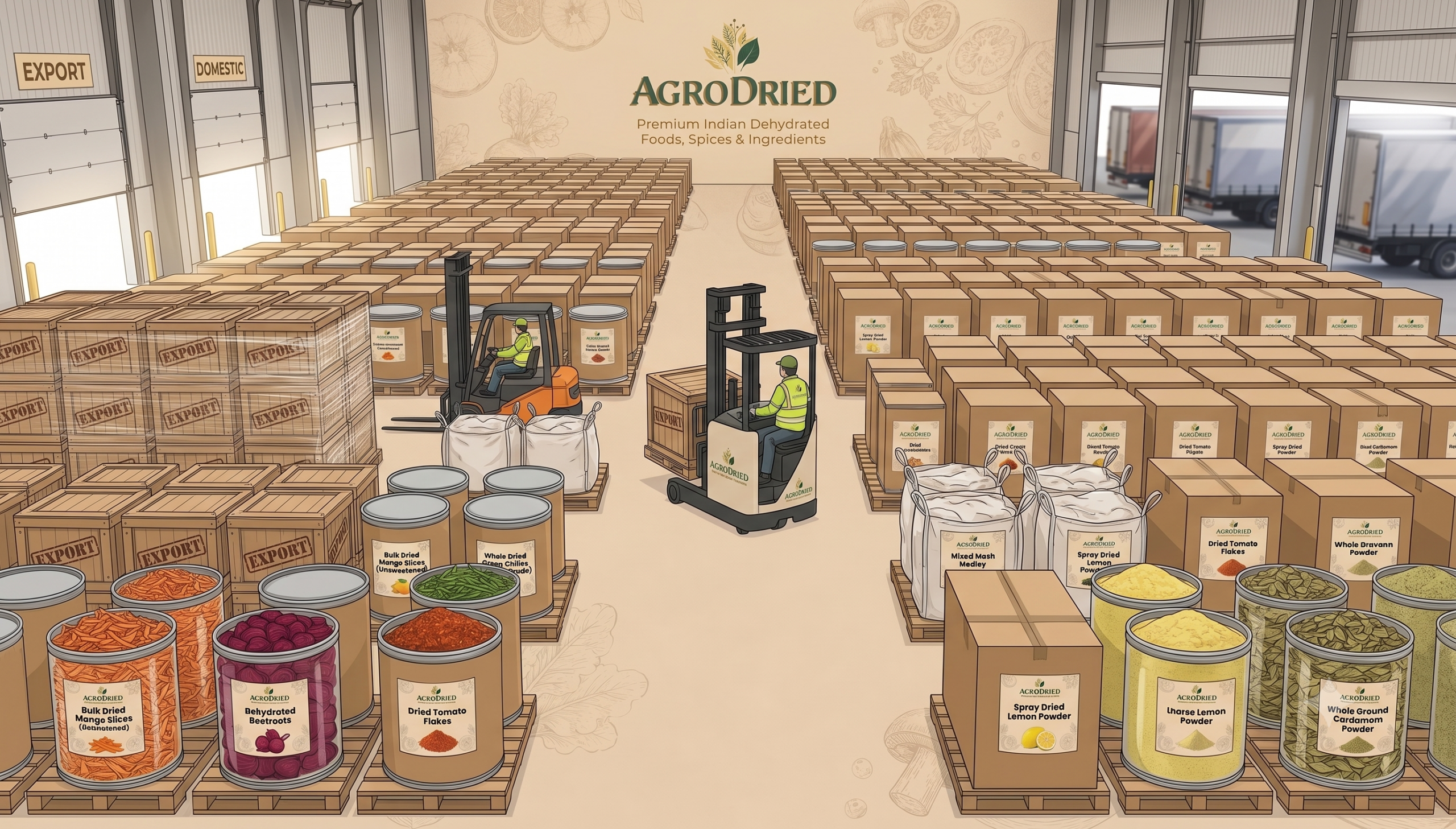 AgroDried warehouse illustration showing bulk export and domestic dehydrated food storage, including dried mango, beetroot, tomato flakes, and spice powders